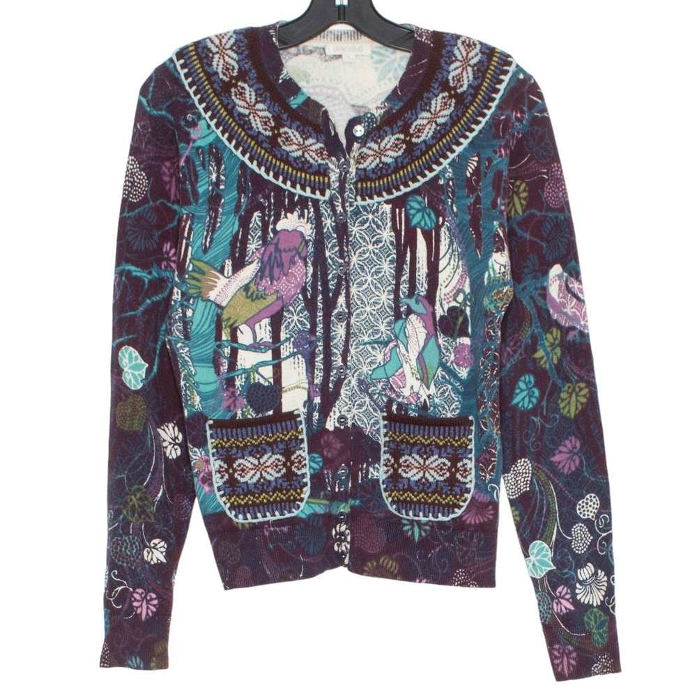 Merino Wool Sweater Cow Bird Folk Art Woodland Cottagecore Teacher Button Up S